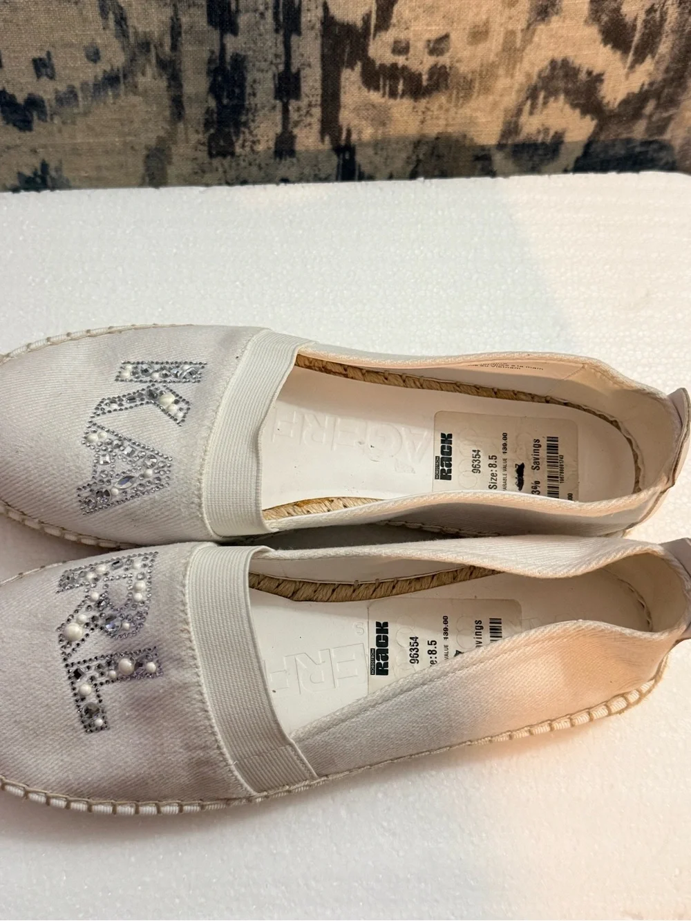Karl Lagerfeld White Crystal Logo Espadrille Flats with Jute Sole
